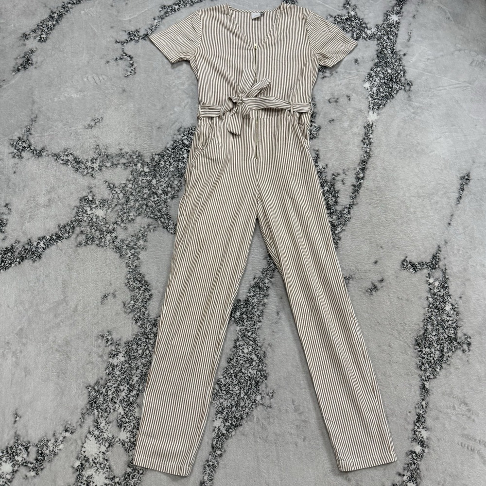 ICHI Womens Striped Jumpsuit Size 38 Tan Cream Belted One Piece Romper Coastal